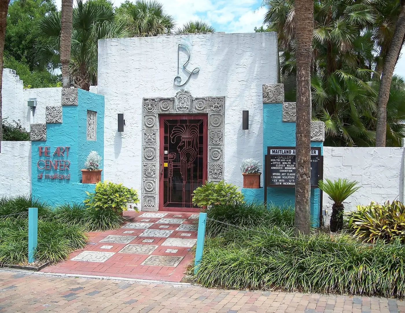 The Maitland Art Center's Mayan-revival entrance, framed by palms