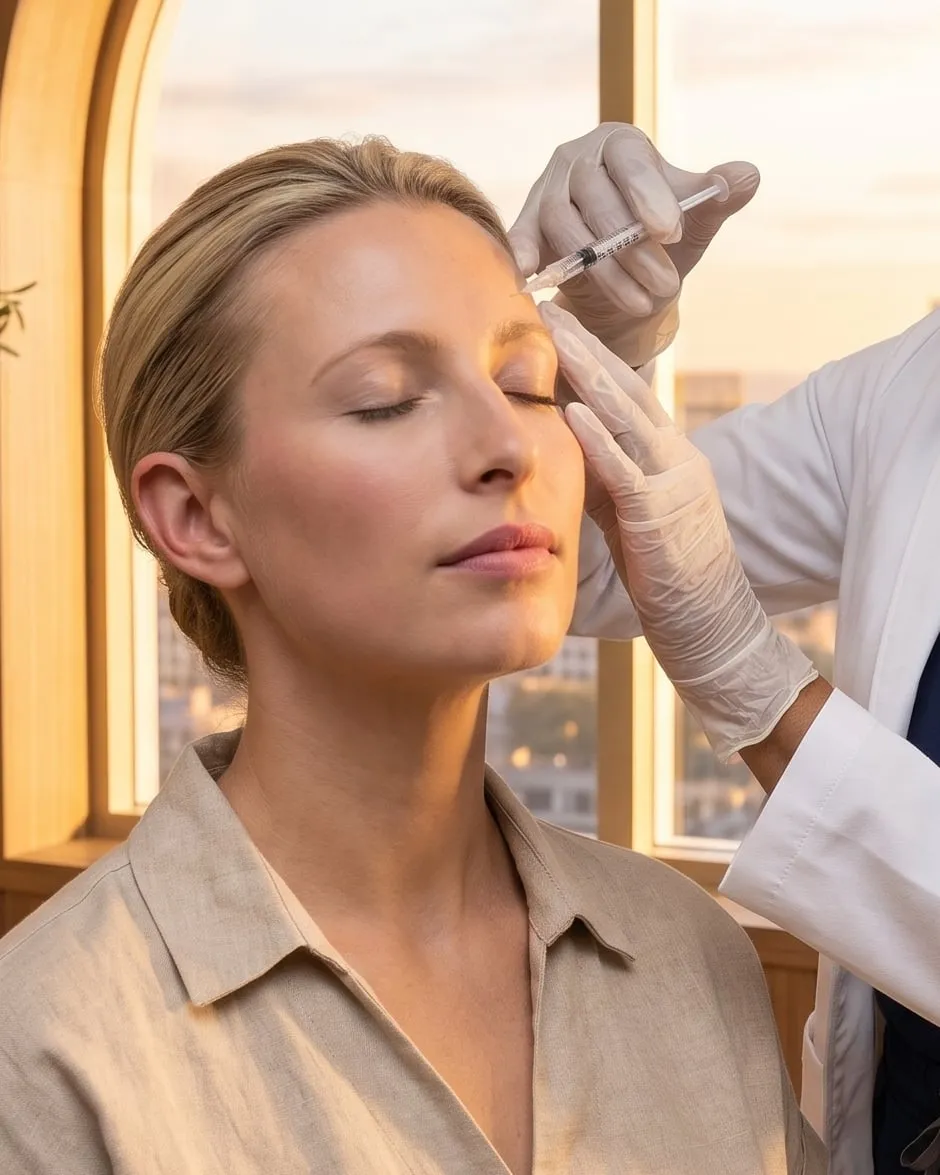 A physician administering a cosmetic injection to a patient's brow