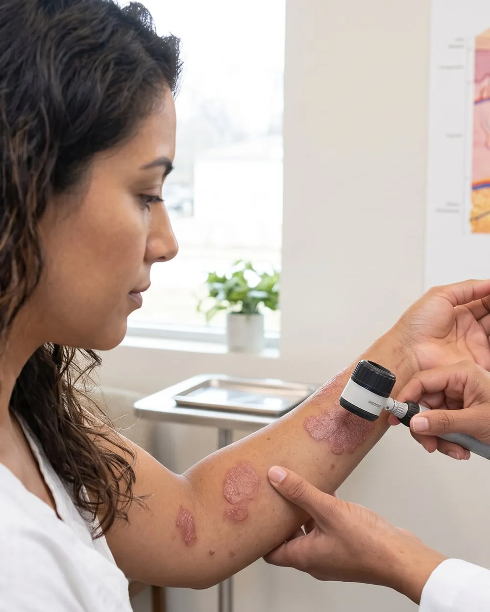 A dermatologist examining a patient's forearm with a dermatoscope