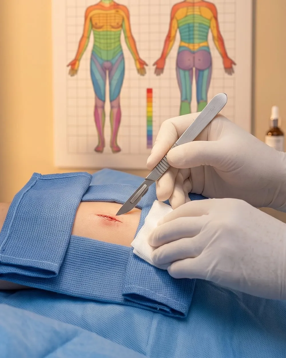 A dermatologic surgeon performing an excision on a draped arm
